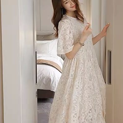 レディース ワンピース ロングワンピース フレアワンピース ロング丈 半袖 ラウンドネック 刺繡 シースルー 部屋着 ルームウエア かわいい 大人可愛い きれいめ シンプル 上品 おしゃれ