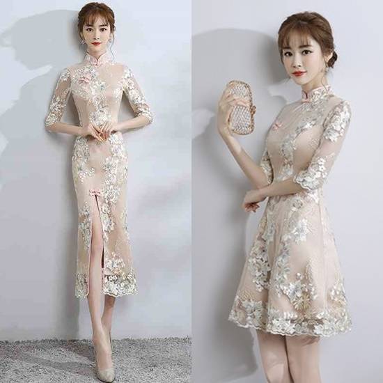 チャイナドレス パーティードレス レディース 結婚式 お呼ばれ 二次会 ドレス ミモレ丈 タイト ミニ丈 フレア チャイナ風 フォーマル 袖あり 五分袖 刺繍 フェミニン エレガント 10代 華やか