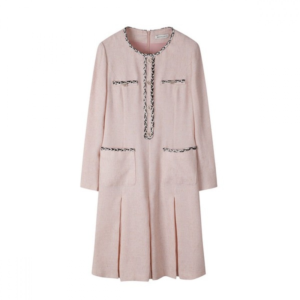 [シャトラン] ピンクノーカラーバックジッパーツイードワンピースHCBSOP102