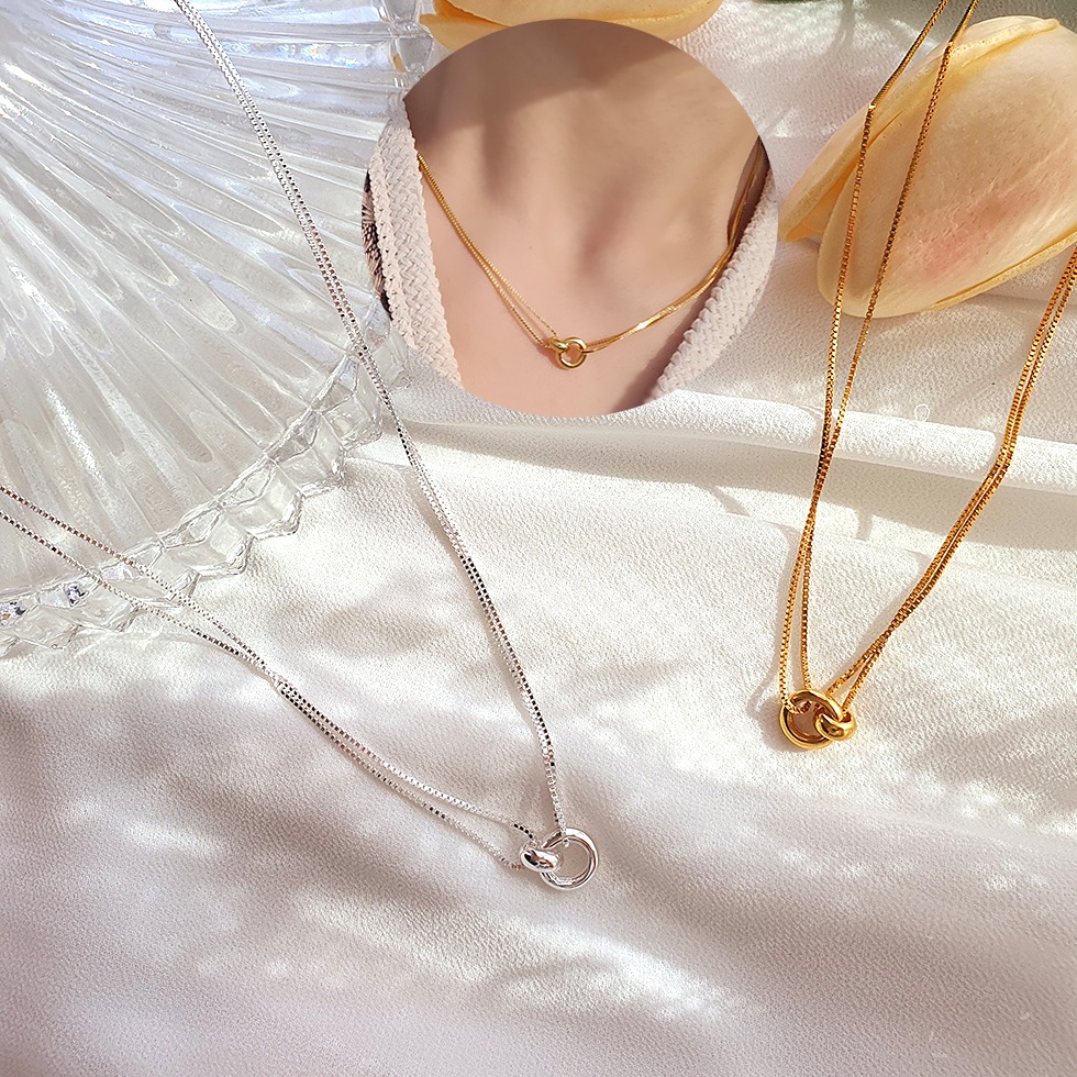 HOT ITEM 92.5 Silver 18K Gold Twin Line Mini Circle Necklace Size 39+5cm