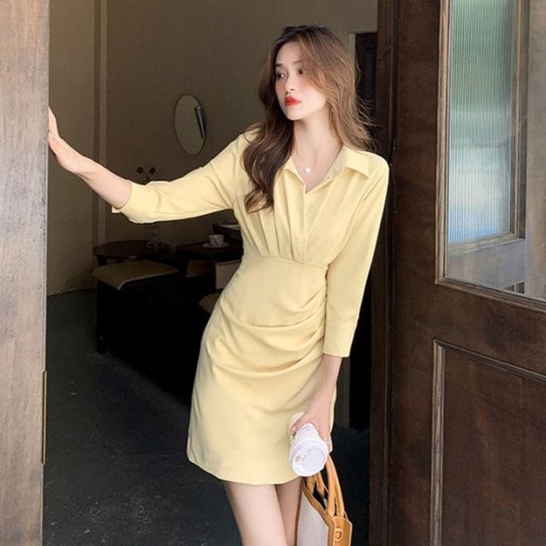 ワンピース ミニ丈 シャツワンピース プチプラ 韓国 キュート セクシー 黒 イエロー スタイルアップ 美シルエット 七分袖 スキッパー スポーティー デイリー モテ デート 合コン お出かけ ガーリ
