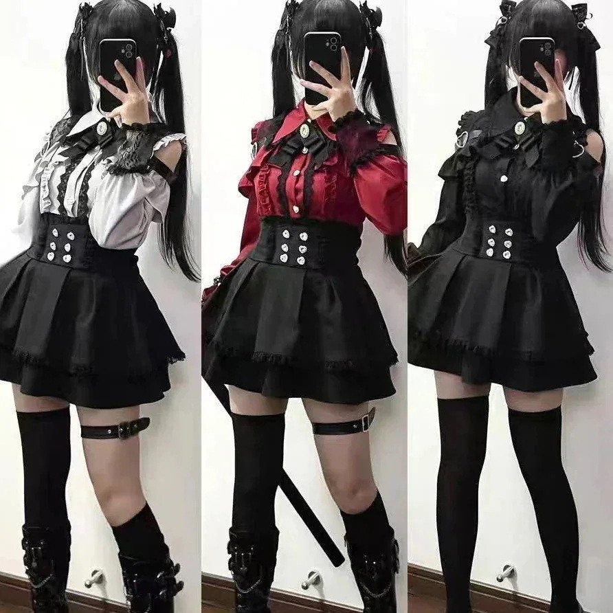 【2枚購入で100円OFF】原宿系 少女 ゴスロリ ロリータ 病みかわいい 上下セット スカート トップス 肩出し ブラウス シャツ 長袖 ワンピース 地雷系 レディース セットアップ