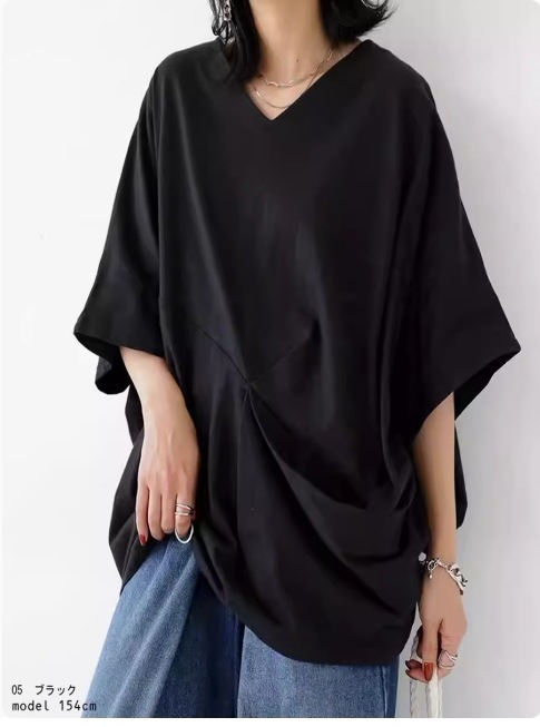 ポンチTシャツ レディース シャツ ポンチョ Tシャツ ドルマンスリーブ Vネック ワイド オーバーサイズ 大人可愛い きれいめ シンプル 上品 おしゃれ クール 無地 春 夏 秋 授業参観 大会