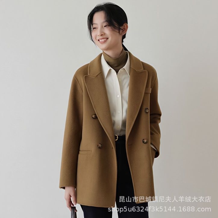秋冬新作ダブルフェイスカシミヤコートレディースミドル丈ゆったりスリムスーツ100%ウールコート