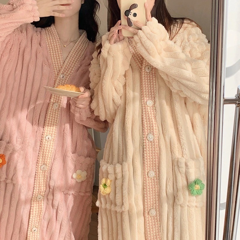 コーラルベルベットナイトガウン女性用秋と冬ロング厚いベルベット甘くてかわいいフランネルバスローブ冬パジャマホーム服