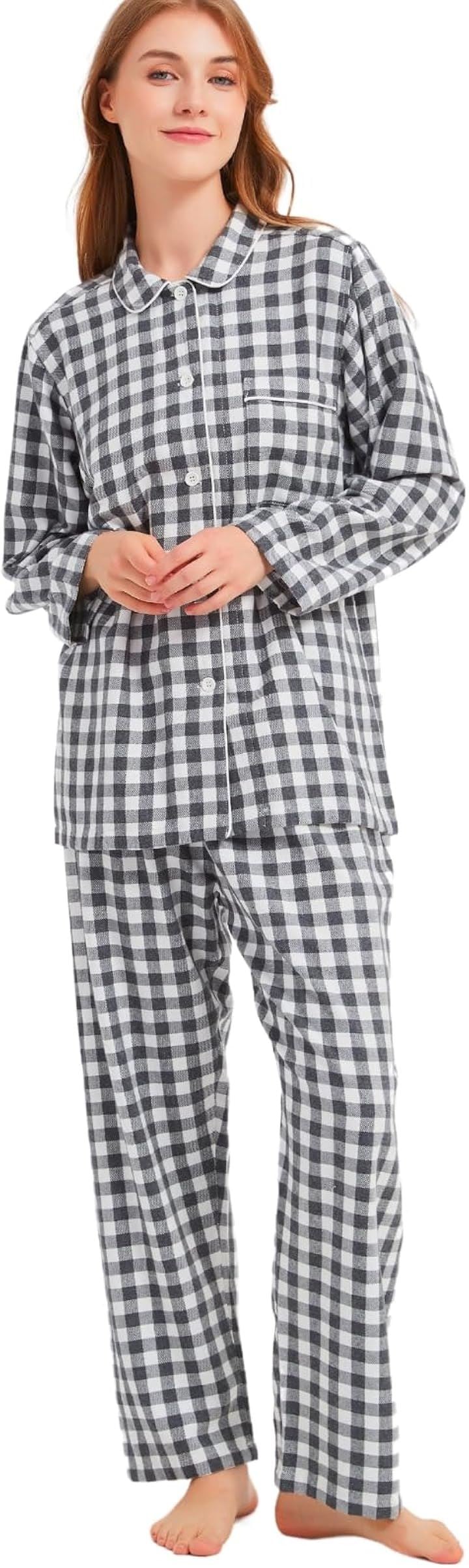 パジャマ レディース コットンフランネル 春 秋 薄手 前開き 長袖 おしゃれ シンプル 寝巻き パジャマセット 上下セット レディースパジャマ 綿( ブラック/ホワイト, XL)
