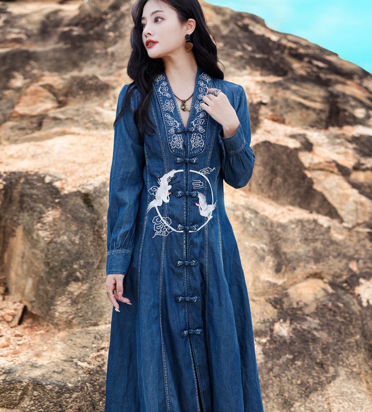 男女兼用 デニムワンピース Vネック きれいめワンピース デニムワンピ ワンピース フレアスカート 春夏秋 デニムワンピ サイズ Xl Candiaycia Cl