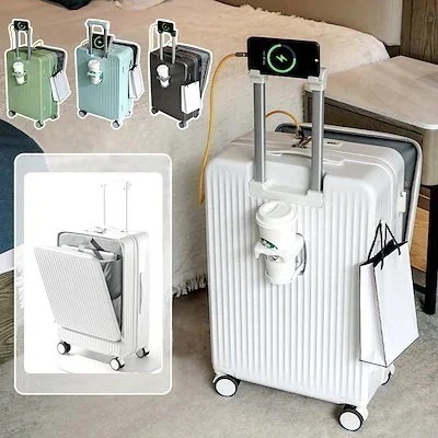 新品追加 スーツケース キャリーケース 機内持ち込み SサイズMサイズLサイズ 多機能スーツケース フロントオープン 前開き USBポート付き 充電口 カップホルダー付き 超軽量 大容量