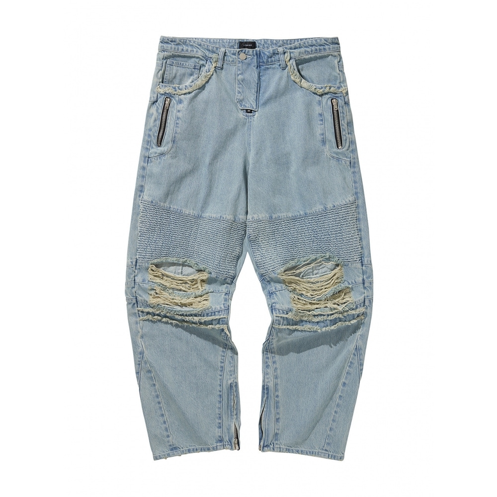 リビアコリアデニムバイカーバギーパンツブルー