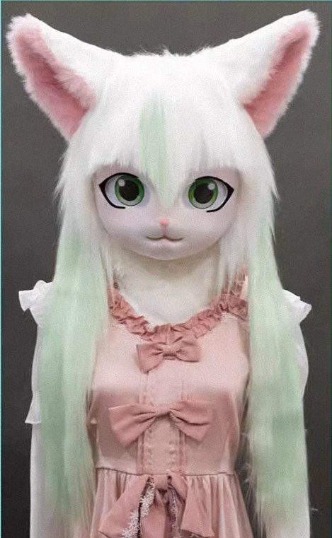 【ふるさと割】 白と若緑 猫 着ぐるみヘッド 全頭ヘッド ファー マスク ケモノ コスプレ衣装