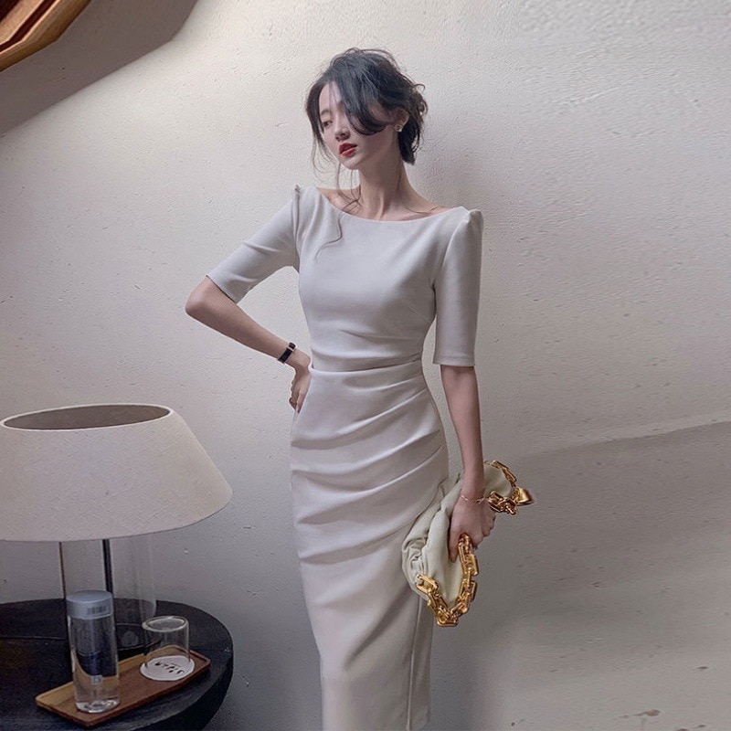 5分袖 上品 シンプル ロングワンピース フォーマル ドレス 韓国 レディース 全2色 無地 プリーツ サイドスリット ミッドスリーブドレス ウエストマーク オールシーズン 秋冬 春夏 7,117円