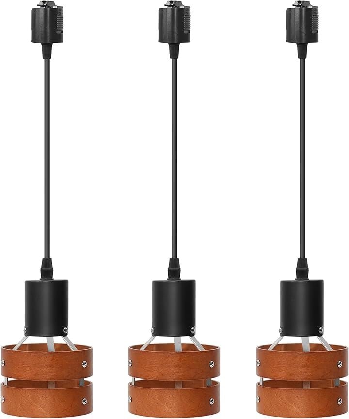 ペンダントライト 木の色木製の円 ダクトレール用 E26口金 長さ調整可能 ロック機構により脱落を防止 簡単なインストール 太いロープ 高級 和風 目に優しい(ブラック, 3個入)