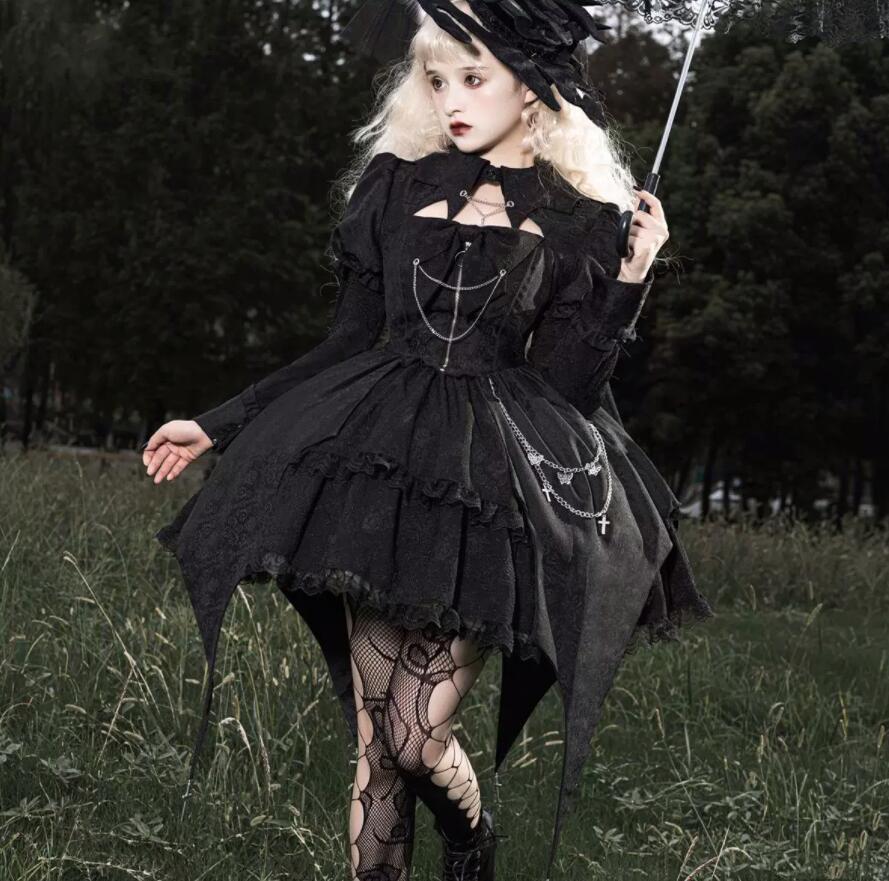 暗黒風 ロリータワンピース 膝丈 ゴスロリ 長袖ドレス ロリータ服 イレギュラー裾 ジャカード花柄 ハロウィン コスプレ衣装 イベント 学園祭 文化祭 変身仮装 コスチューム 暗黒 ゴシック ロリータ