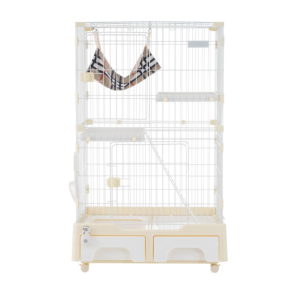 【国内出荷 - 3日配達】猫 ケージ キャットケージ 2段 猫トイレ付 キャスター付 ハンモック付 猫ゲージ おしゃれ キャットハウス ネコ ハウス 多段 留守番 保護 脱走防止 多頭飼い 多頭 スチ