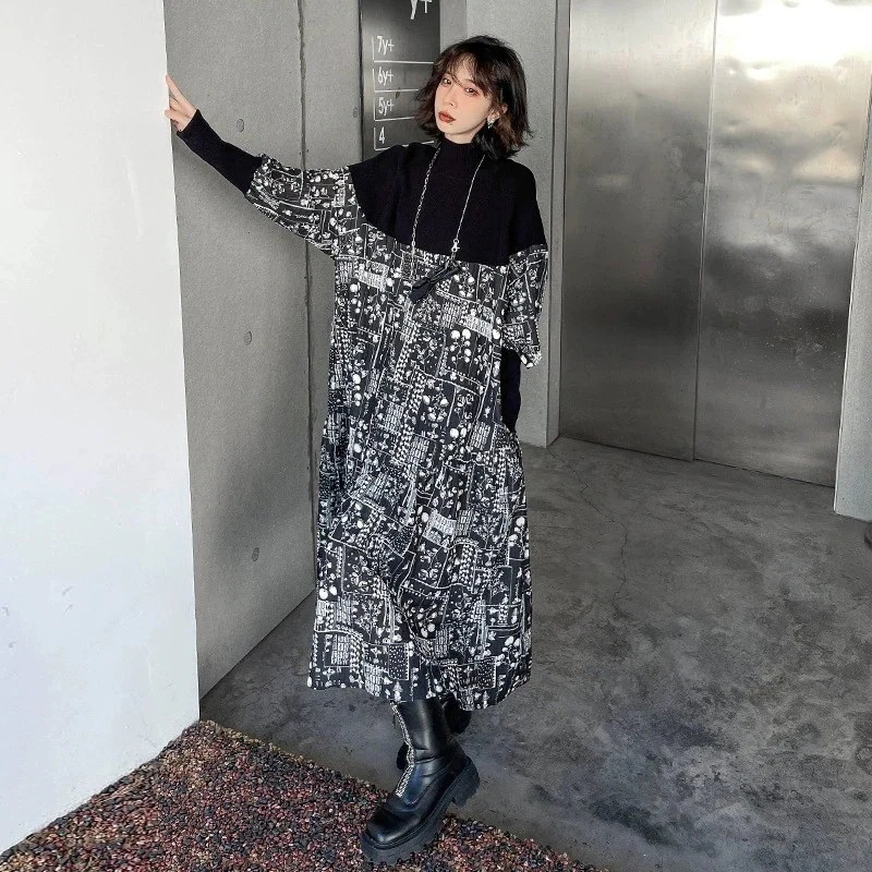 ロングワンピース おしゃれ 新作 ハイネックゆったり シャツワンピース ニットワンピース 花柄ワンピース 切り替え 気質 ワンピース