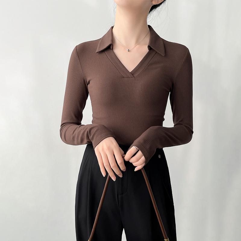 秋冬 Vネック 長袖 襟付き シャツ タイト ニット トップス レディース シンプル 普段着 おしゃれ着 オフィス ビジネス マルチシーン