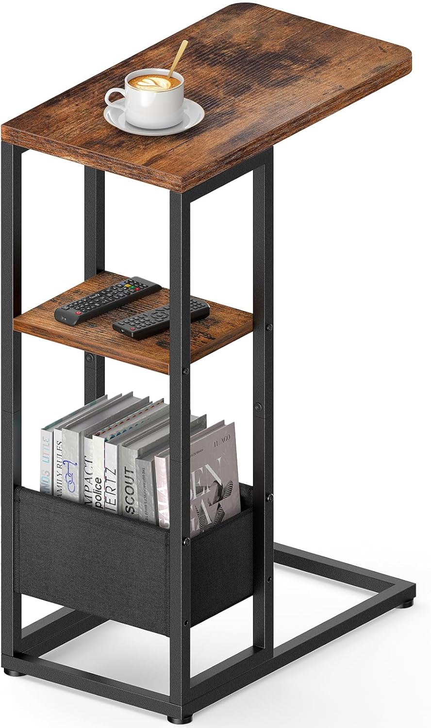 サイドテーブル コの字型 大容量収納袋 層板調節可 木製天板 ヴィンテージ調 幅40×奥行26×高さ71cm