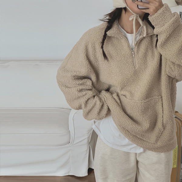 韓国ファッション 起毛 ボア アノラック 半ジップアップ ルーズフィット マンツーマンTシャツ