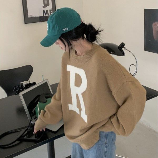 韓国スタイルのゆるいレイジースタイルのリアルショット女性用ブルーr字型セーターゆったりと多用途のラウンドネックプルオーバーニットトップ 54599