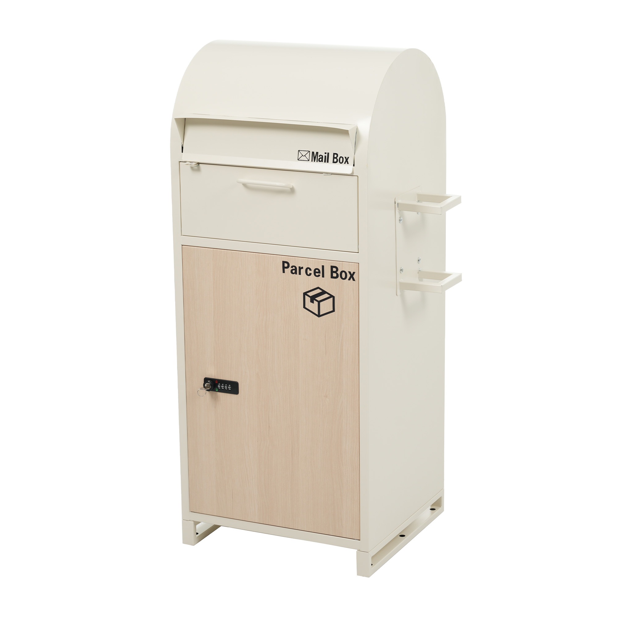 ポスト 置き型 ほぼ完成品 傘立て付き ポスト付き 宅配ボックス付き スタンドポスト おしゃれ 一戸建て用 大型 郵便受け スタンドポスト 置き配 シンプル 玄関【ベージュ+木目】1009