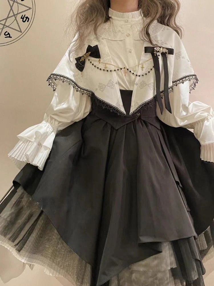 ゴシック風 ロリータワンピース二点セット セットパフスリーブシャツウエストSKオルガンギャザースカートロリータ韓国ファッションッ 今年人気爆発中 ロリータ メイド服 メガ割