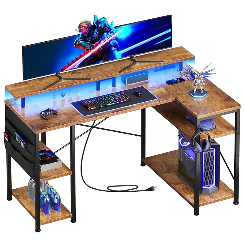 YeTom l字デスク LEDライト付き ゲーミングデスク パソコンデスク ゲームデスク デスク 幅130cm pcデスク コーナーデスク 棚板高さ調節可能 収納袋付き L字型 PC 勉強机 作業 在