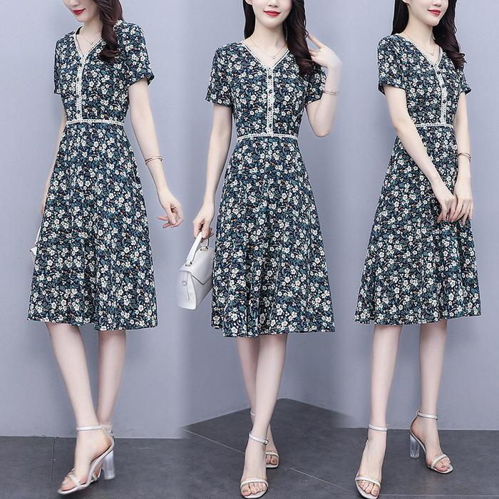 ワンピース レディース 膝丈ワンピース 春夏 半袖ワンピース Vネック きれいめ 花柄 シフォン aライン 大人上品 韓国風 オシャレ通勤 お出かけ 30代 50代