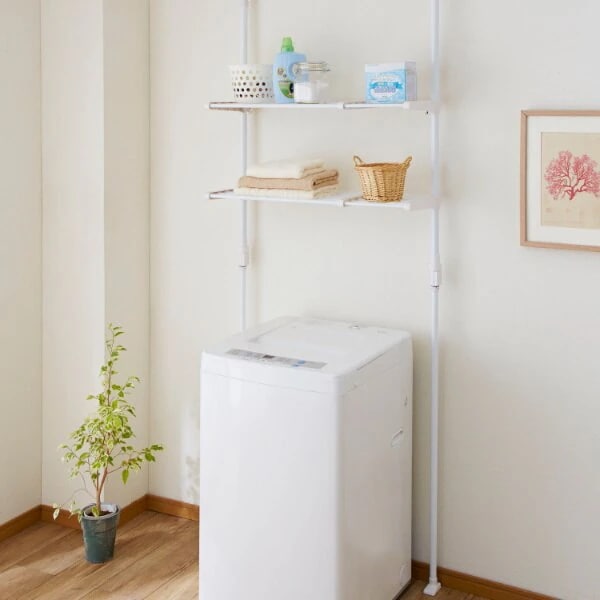 ランドリーラック 突っぱりランドリーラック 突っ張り 伸縮 スリム ランドリー 収納 洗濯機棚 2段 ランドリー収納 洗濯機上 突っ張り棚 洗濯機ラック 洗濯機シェルフ 棚 防水パン 縁