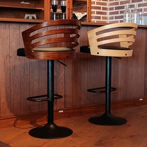 バーチェア 座面高62－84cm 高さ調整 カウンターチェア 背もたれ 曲木 フットレスト レザー調