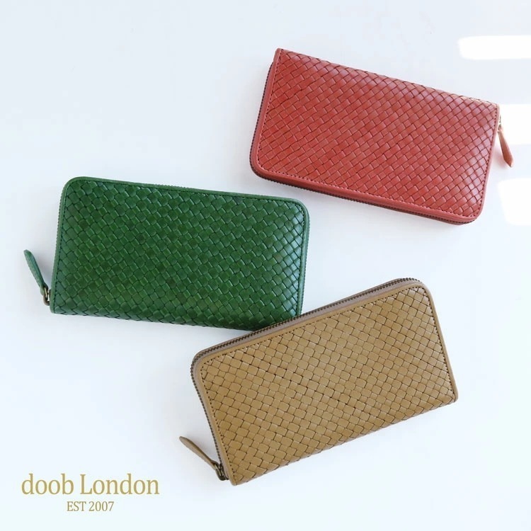 ヌメ革 長財布 レディース 本革 大容量 ラウンドファスナー レザー 財布 ブランド doob London イタリアンレザー ドゥーブロンドン イントレチャート メッシュ グリーン 緑 春財布 母の