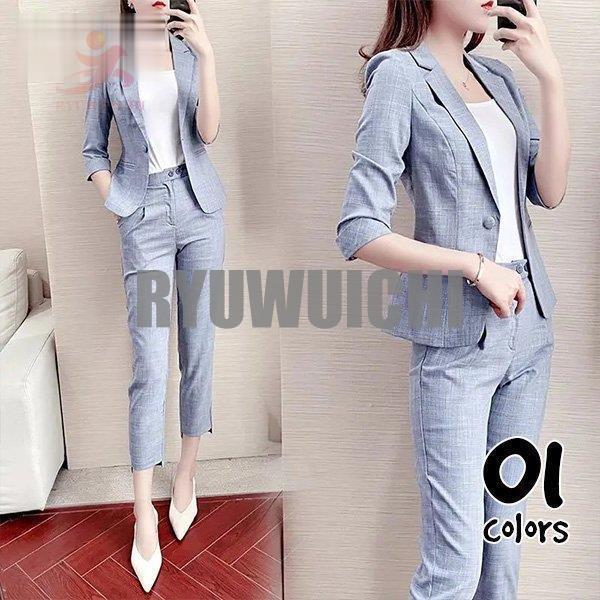 スーツ レディース パンツスーツ 七分袖 2点セット テーラードジャケット テーパードパンツ 九分丈 ストレッチ 通勤 就活 事務服 OL ビジネス