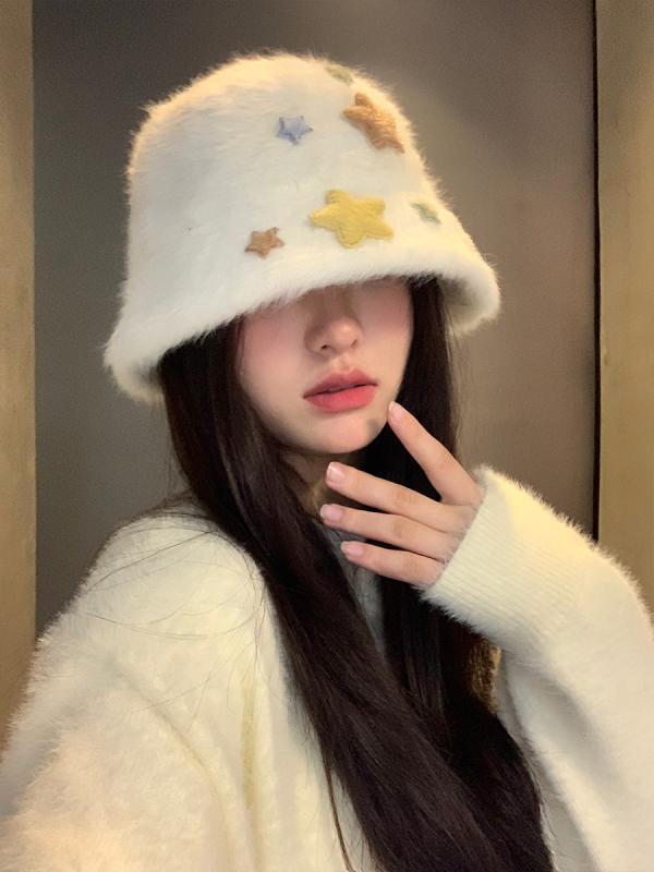 レディース 帽子 おしゃれ 秋冬 バケハ バケットハット 厚手 防寒 防風 小顔効果 耳 隠れる 旅行 アウトドア ファー 星 無地 白 4,500円