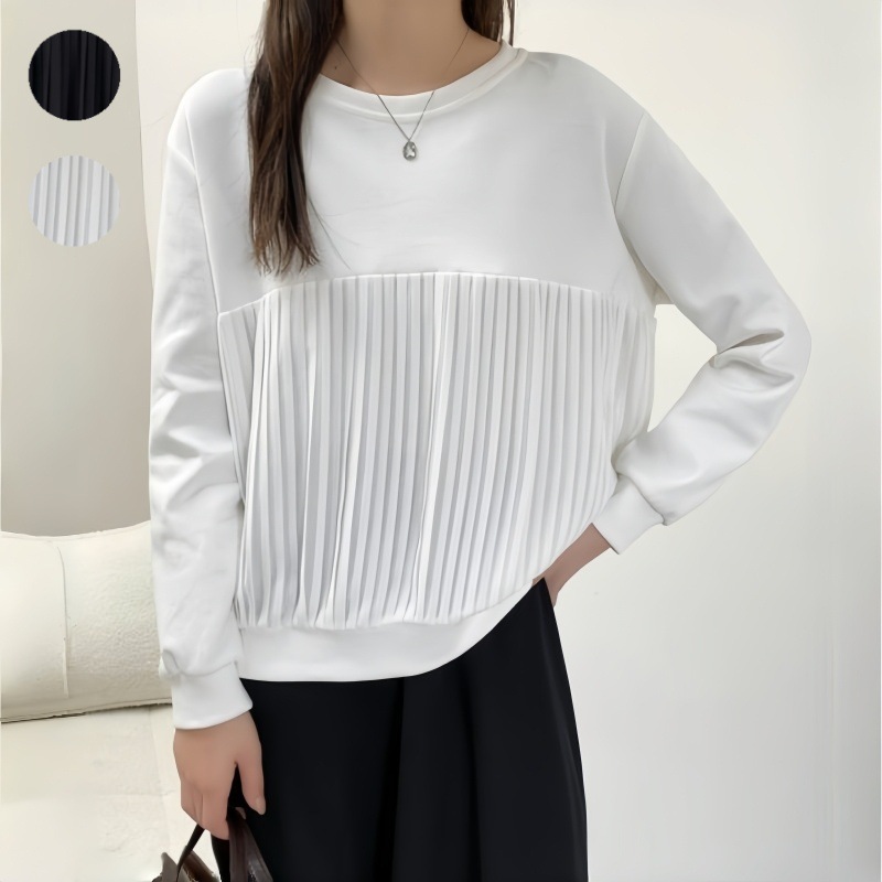 24製レディースシンプルプリーツステッチ長袖無地プルオーバーtシャツトップス2色