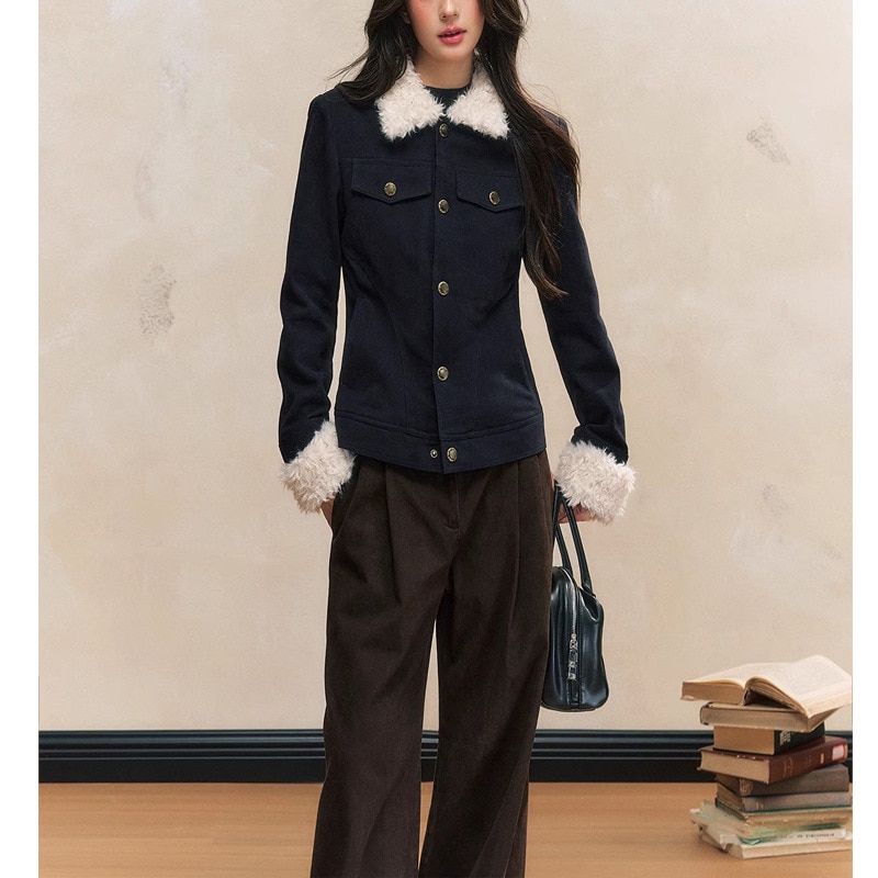 2025年秋冬新作 スリムフィット ネイビーブルー ショートコート 中綿入り ファーカラー レディース ファートップ