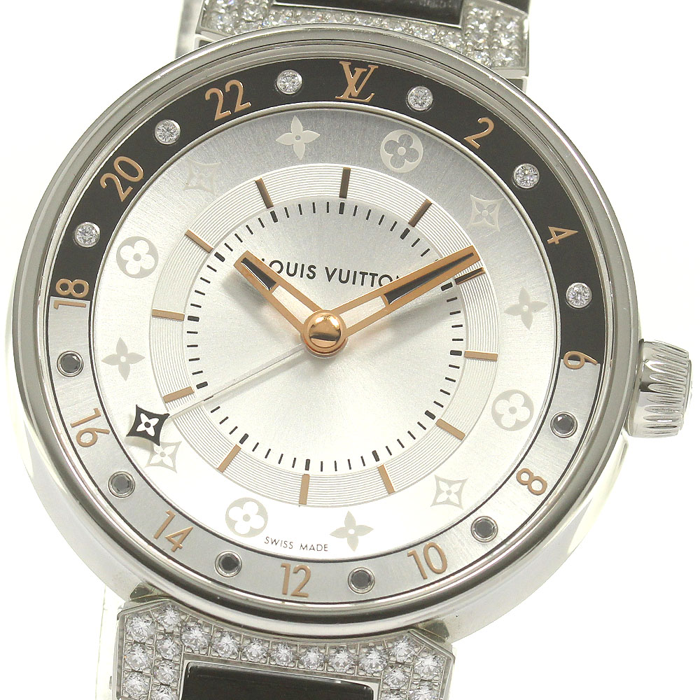 ルイ・ヴィトン LOUIS VUITTON QA108 タンブール ムーン デュアルタイム MM GMT 6P ラグダイヤ クォーツ レディース 箱・保証書付き_864493【中古】