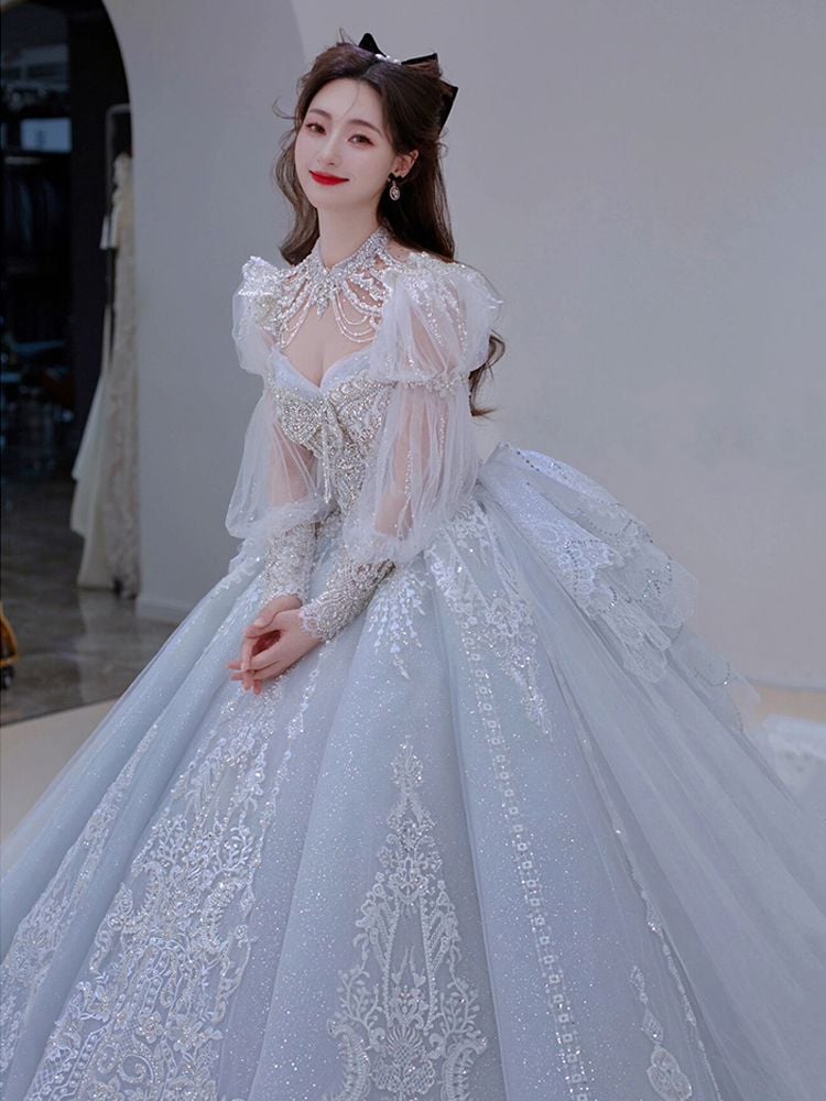 ブルーウェディングドレス花嫁2025重工業レトロ小さな長袖主糸ハイエンドテール冬 18,548円