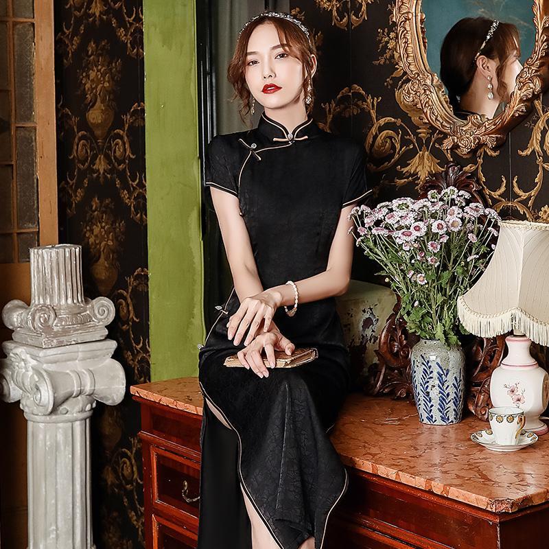 黒旧上海チャイナドレス2025新作春夏改良ロングレトロ漢服感