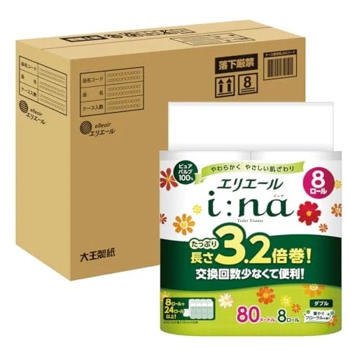 エリエール トイレットペーパー i:na(イーナ) 3.2倍巻き 80m×32ロール (8ロール×4パック) ダブル パルプ100% 華やかなフローラルの香り 【ハーフケース】