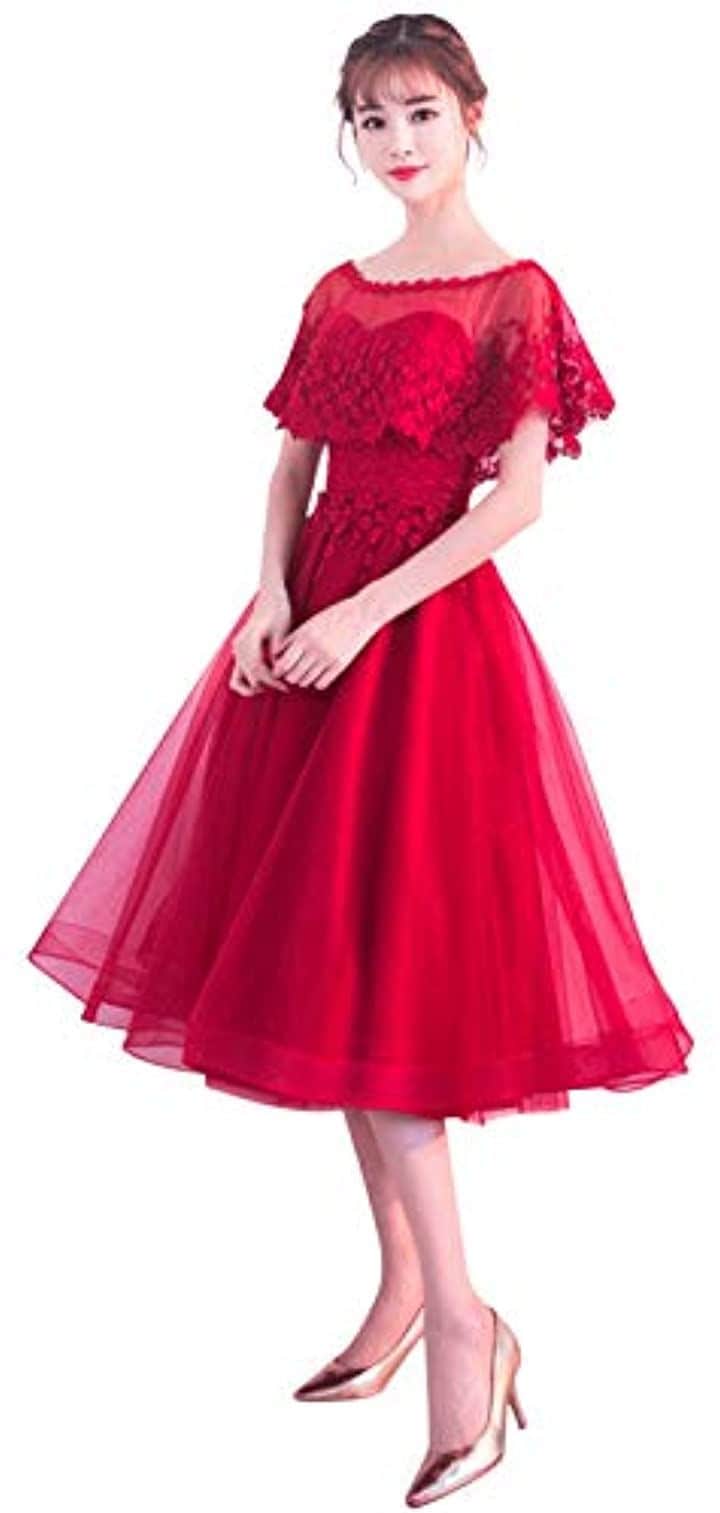 パーティードレス ミモレ丈 結婚式 ワンピース ロング フォーマルドレス S678(レッド, M)