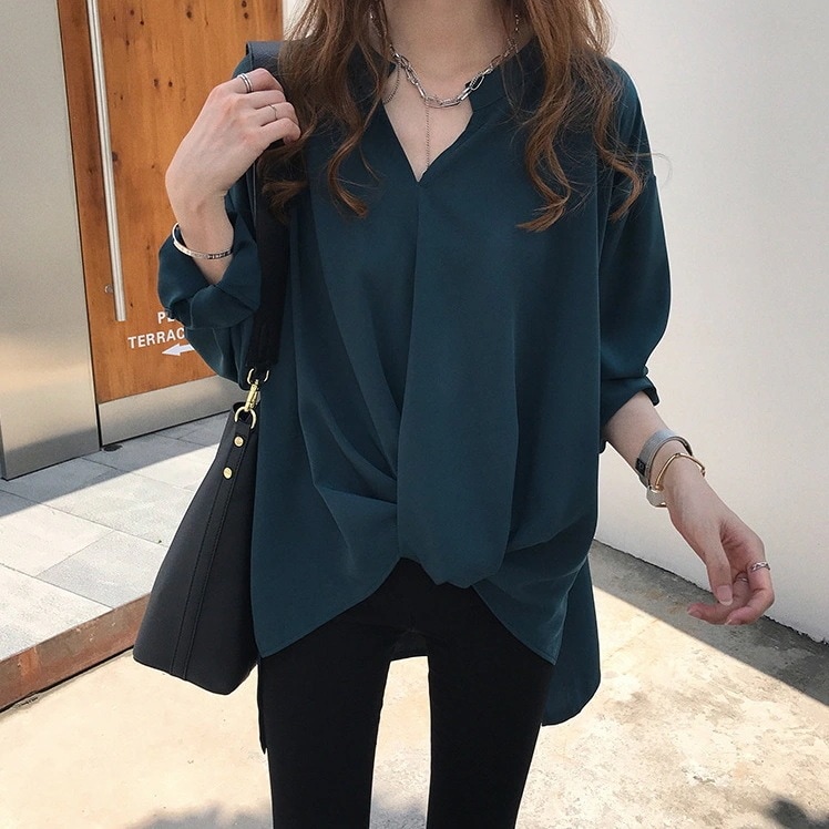 ブラウス レディース 春春冬春 トップス 無地 シャツ オフィス 長袖 Vネック オシャレ トップス ブラウス 韓国風 着痩せ 大きいサイズ 通勤 大人
