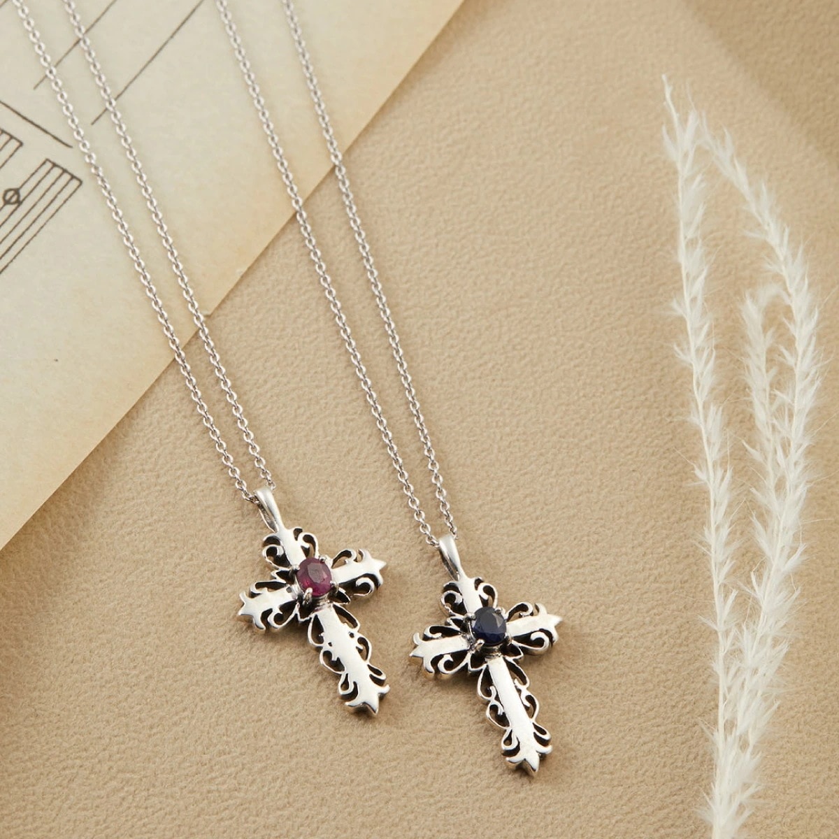 ネックレス メンズ レディース シルバー925 ルビー サファイヤ 十字架 クロス 上品 かっこいい