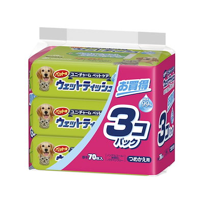 他サイト： ユニチャームペット ペット用ウェットティッシュ つめかえ用 70枚入×3個の商品画像