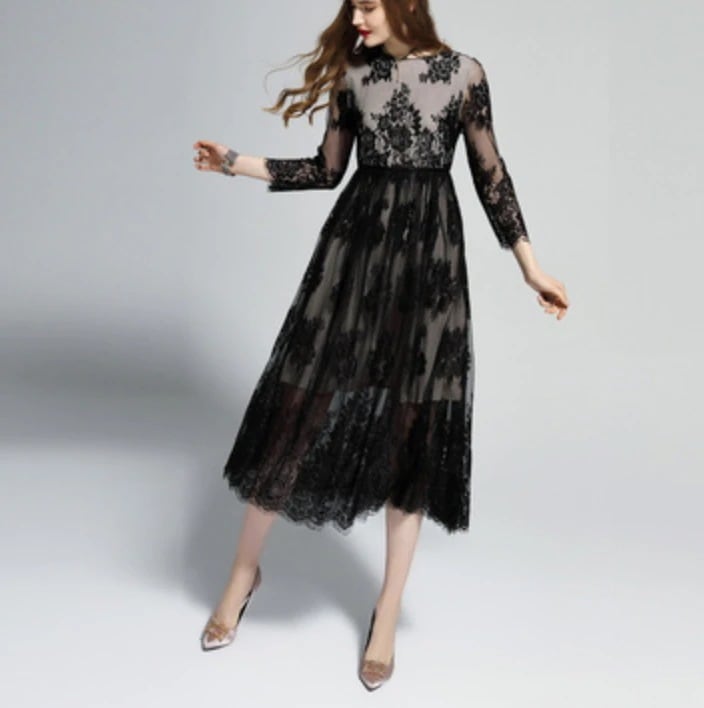 ワンピース ドレス レディース ミモレ 7分袖 レース 刺繍 透け感 シアー シースルー かわいい 大人可愛い きれいめ エレガント ゴージャス 大人 上品 おしゃれ 夏 デート ブラック 6,273円
