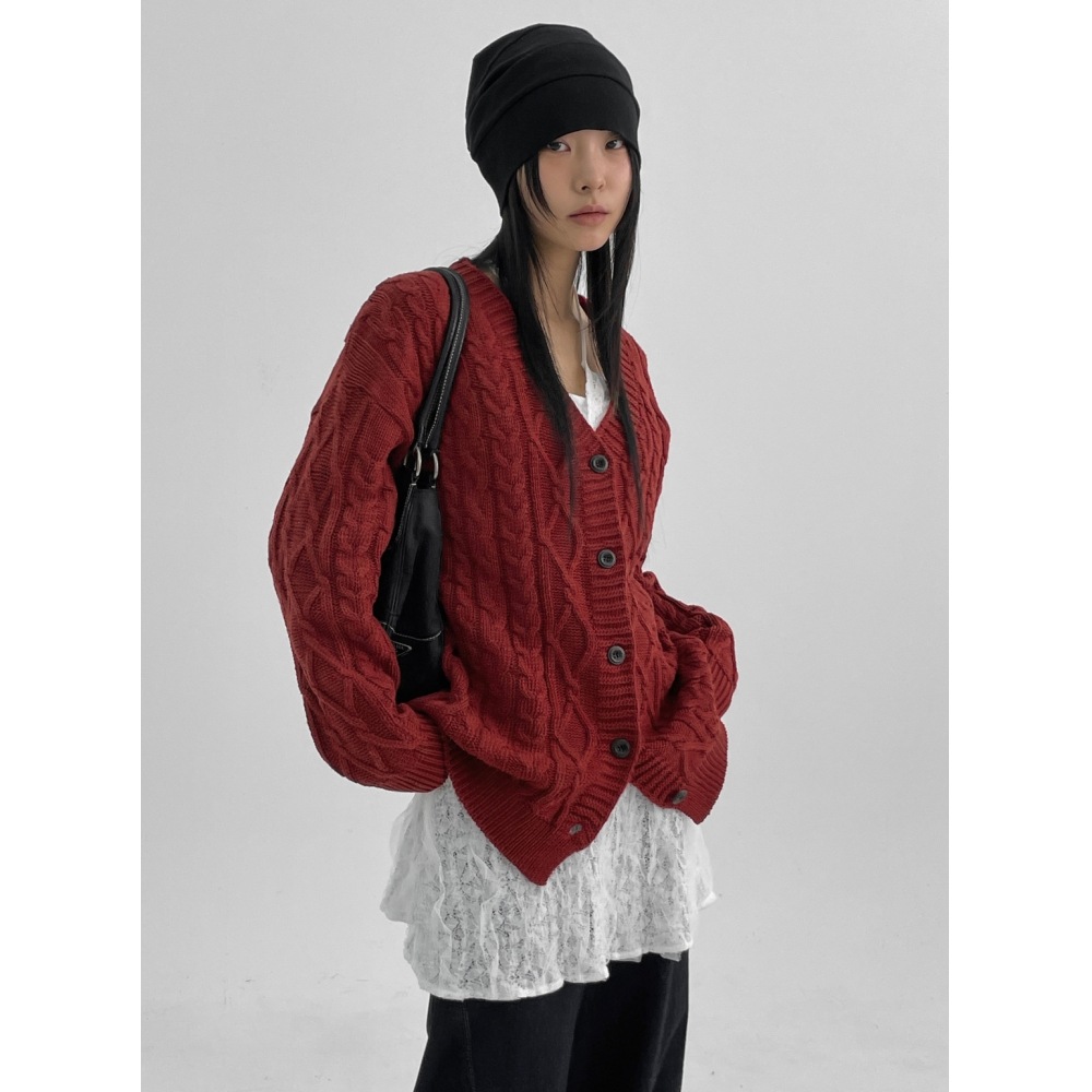 ブラックアップキムルーズフィット Vネックケーブルカーディガン