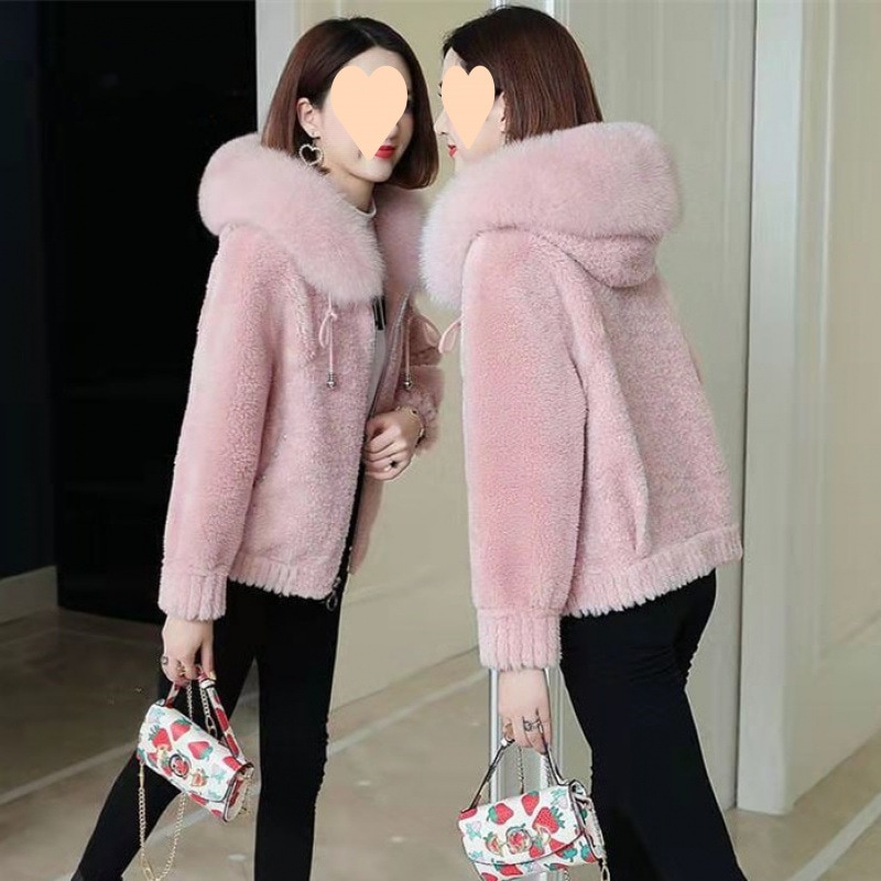 2025秋冬新作グレインシープシアーコートレディースショートフード付きイミテーションミンクベルベット韓国版スモールレザージャケット