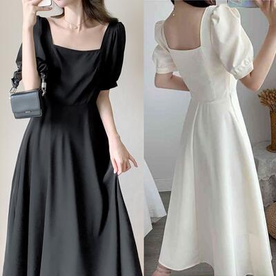 ワンピース 袖あり ミモレ丈 きれいめ カジュアル おしゃれ パフスリーブ ワンピ ドレス 半袖 オケージョンワンピース フェミニン シンプル パーティー 二次会 ホワイト 白 ブラック 黒 大きいサ