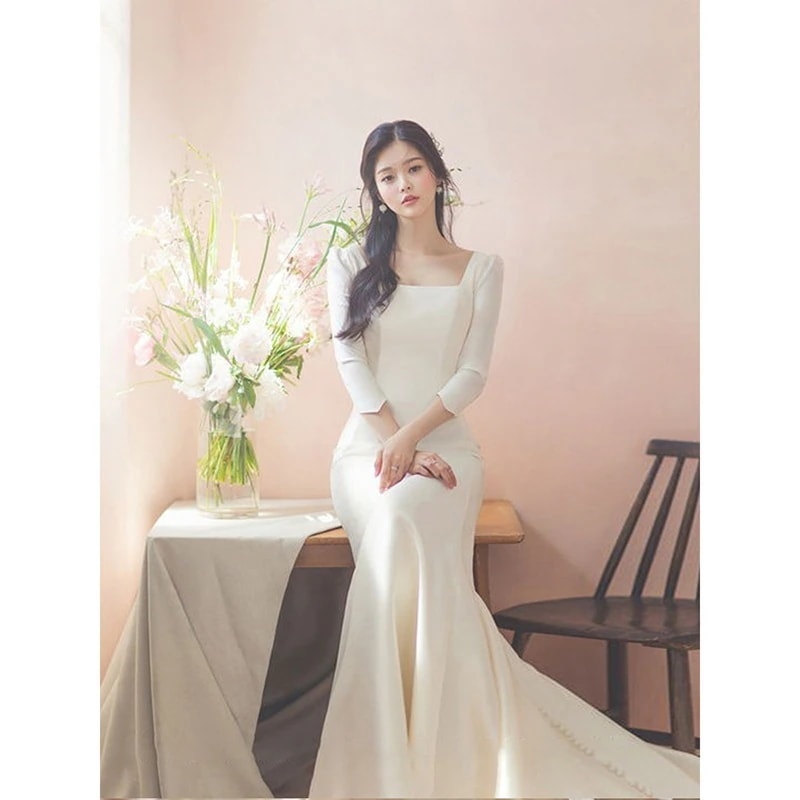 ホワイトドレス 高級感 花嫁ロングドレス 2023 ドレス パーティードレス人気 韓国ファッション 新作 結婚式ワンピース 結婚式 気質 ワンピース お呼ばれドレス