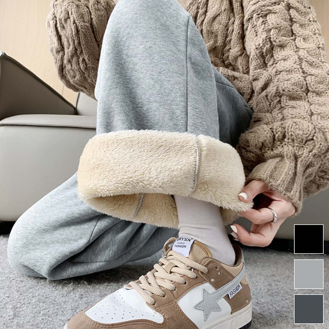 ふんわりした肌触りが心地いい裏起毛パンツ ロング丈 ボトムス ワイド ウェストゴム紐 トレンド デイ