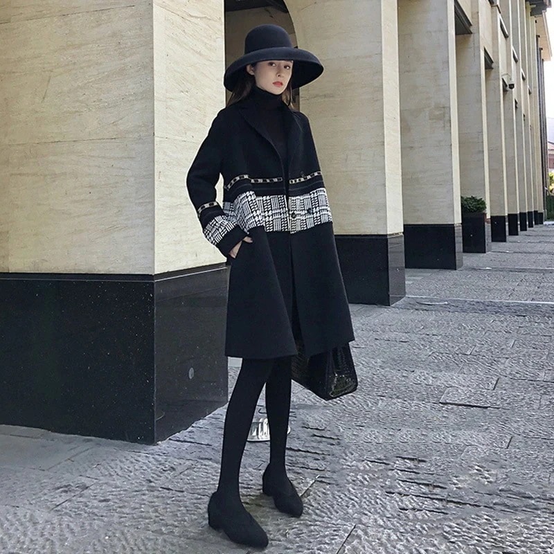 ラシャコートレディースダブルブレスト切り替えらしゃ配色千鳥格厚ラシャジャケットロング丈秋冬カジュアルスプリングコート着痩せアウター