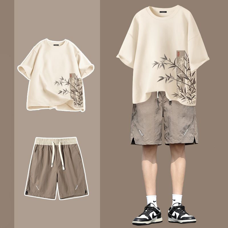 夏服 セットアップ メンズ カジュアル トレンド 半袖スーツ プリントTシャツ+ショートパンツ 2点セット